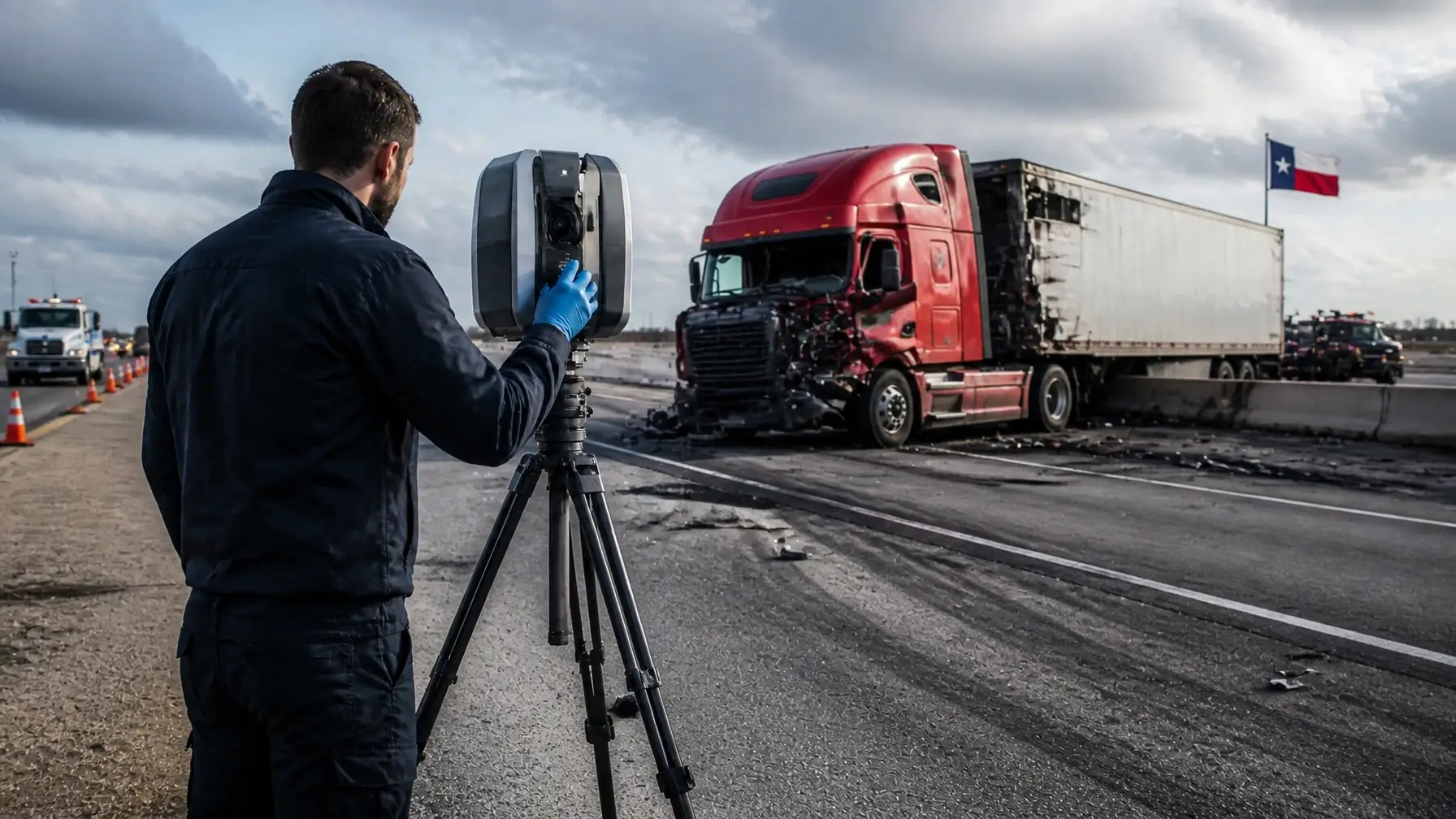 Professional accident reconstruction investigator at a semi-truck crash scene on a Texas highway with 18-wheeler wreckage in the background Placement: Between the title and the first paragraph