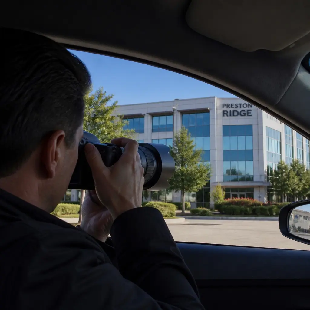 A professional investigator conducting discreet surveillance from a vehicle in a modern North Texas business district, symbolizing the firm's expert surveillance services in areas like Plano and Frisco.