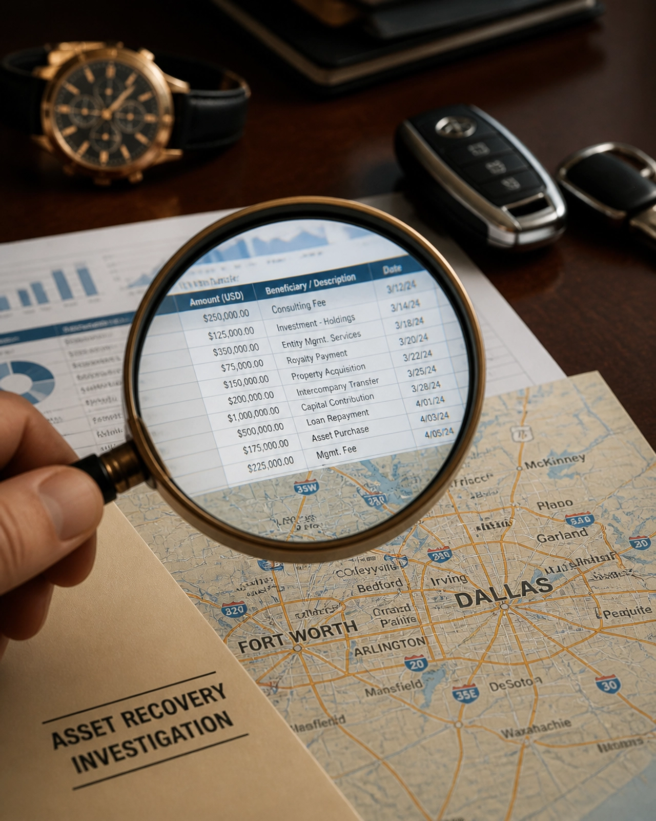 A conceptual image for an asset recovery investigation, showing a magnifying glass over complex financial spreadsheets and a map of the DFW Metroplex on a mahogany desk.