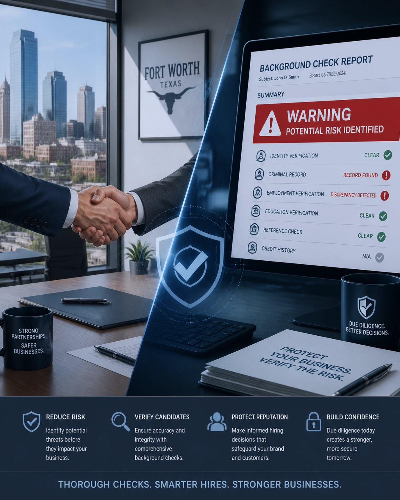 A conceptual image of business fraud prevention, depicting a professional handshake in a modern Fort Worth office alongside a computer screen showing a red warning flag on a background check report.