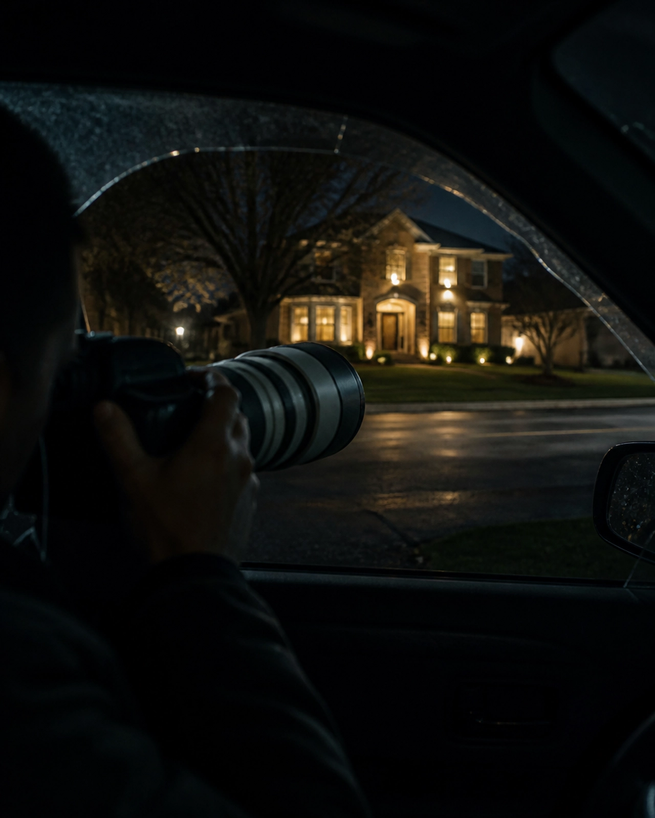 A discreet surveillance scene at night in a North Texas suburban neighborhood, showing a telephoto camera lens through a car window, illustrating the professional nature of infidelity investigations.