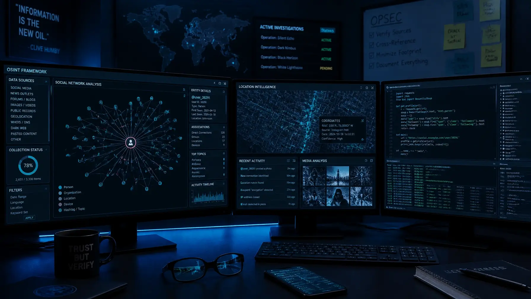 A modern digital forensics lab with multiple monitors showing data visualizations and social media maps, representing Open Source Intelligence (OSINT) and digital surveillance.