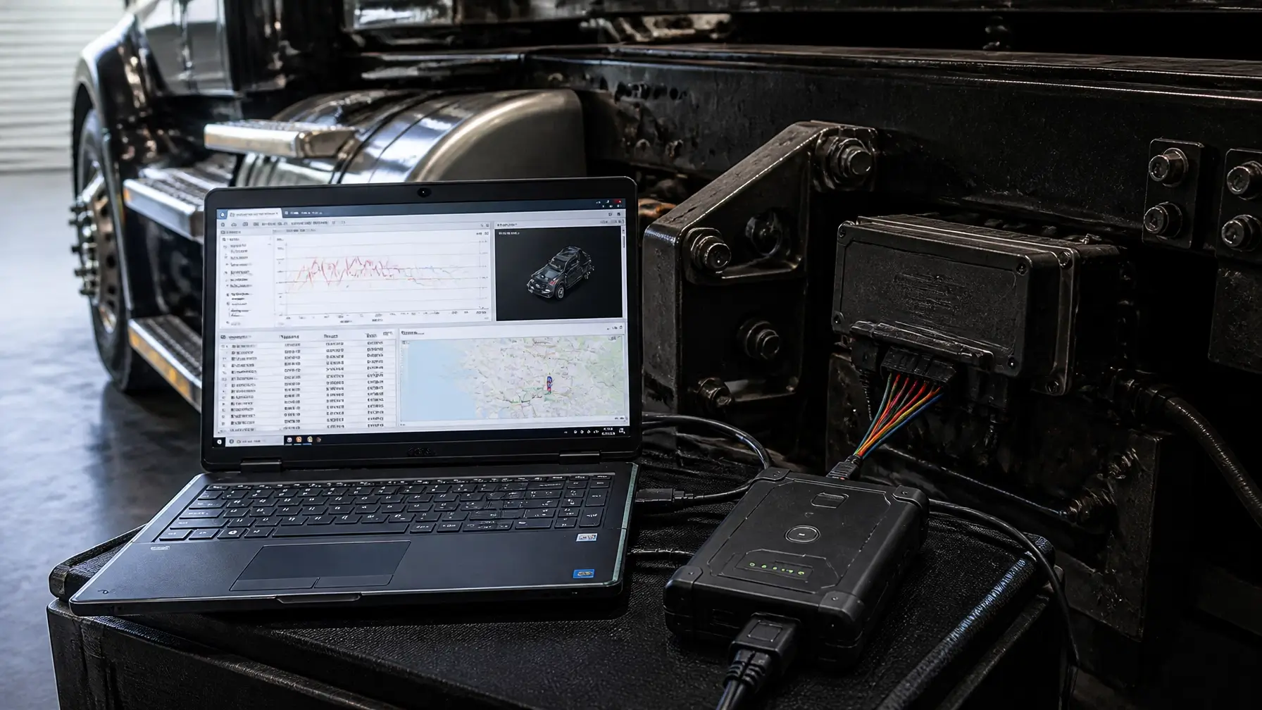 EDR/CDR data retrieval tool connected to a heavy-haul semi-truck's black box system with telematics data displayed on a laptop