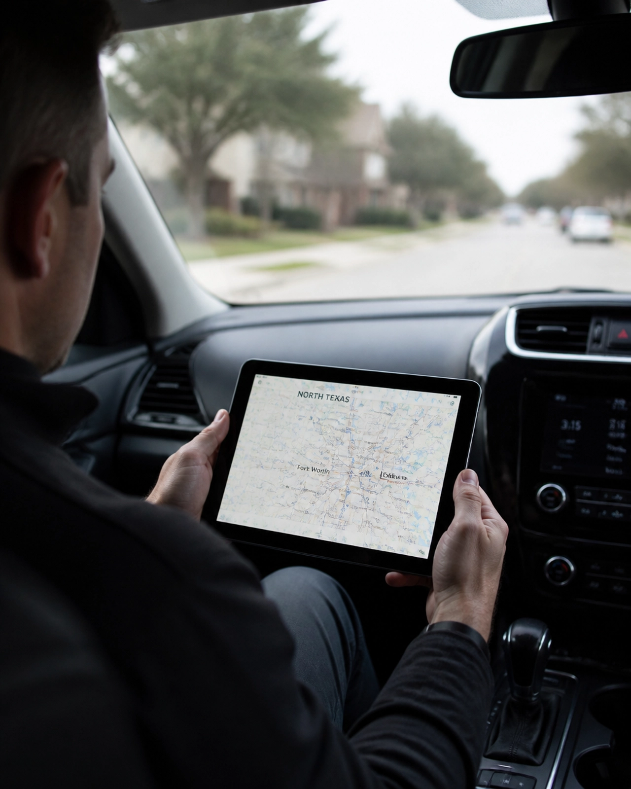 A professional investigator in a vehicle using a digital tablet to navigate a map of the DFW area, representing discreet and legal surveillance services in North Texas.