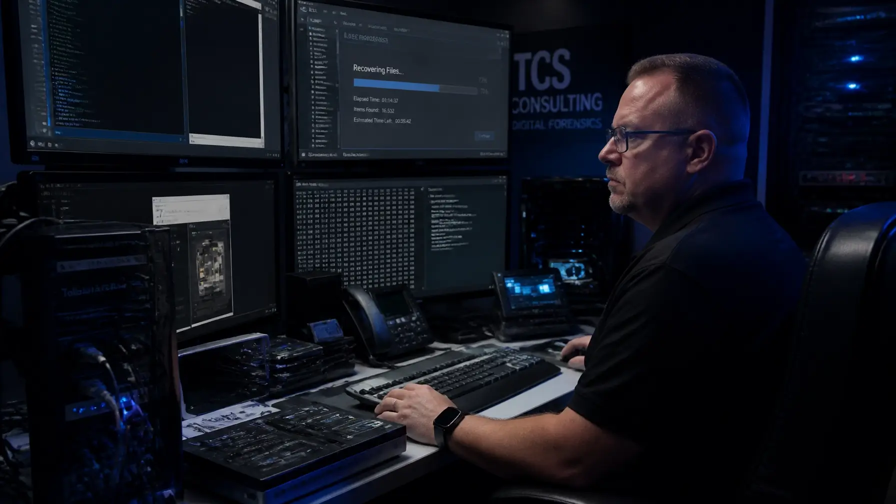 A high-tech digital forensics lab where Michael Depew and the TCS Consulting team analyze encrypted data and recover digital evidence.