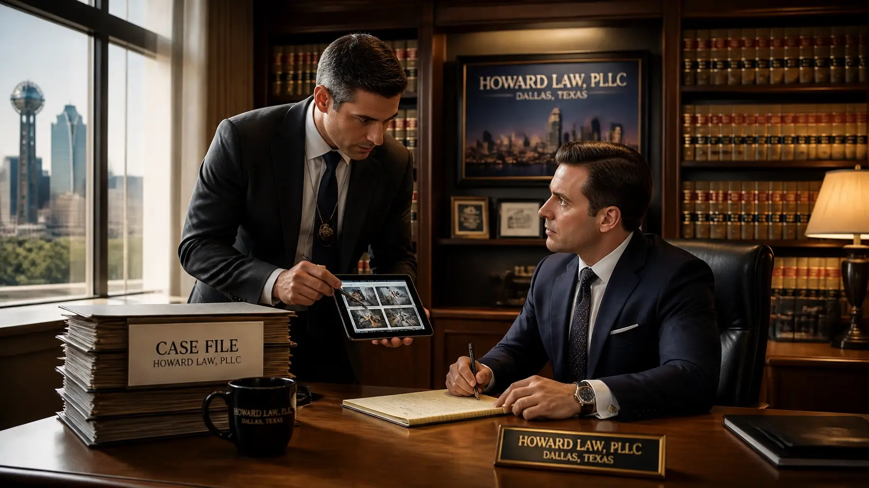 A focused professional in a law-focused environment, reviewing thick case files and legal documents, illustrating the Juris Doctor-led approach to every investigation.