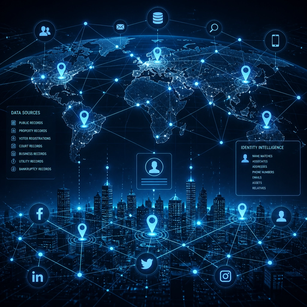 A digital network map illustrating the complexity of skip tracing and digital tracking.