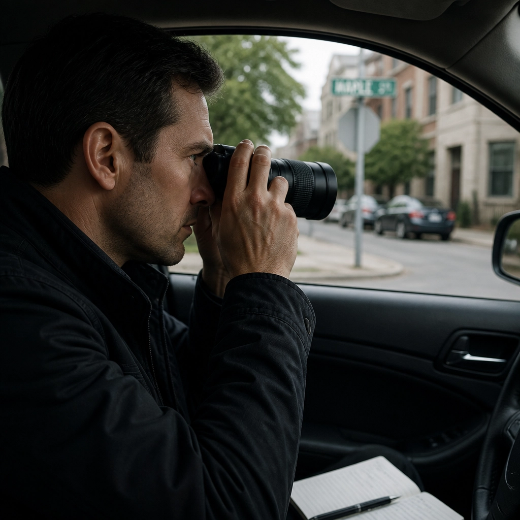 A private investigator discreetly observing a scene from a vehicle.