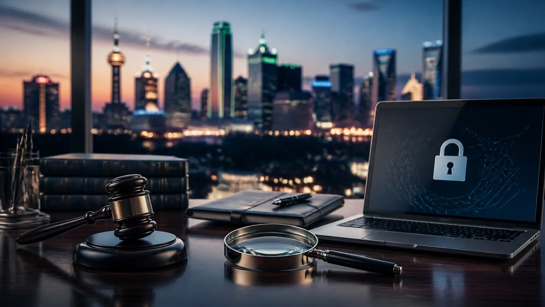 A professional and high-end hero image for Armstrong Investigations, PLLC, featuring the Dallas and Fort Worth skylines at dusk with a gavel and magnifying glass on a polished desk, symbolizing legal and investigative authority.