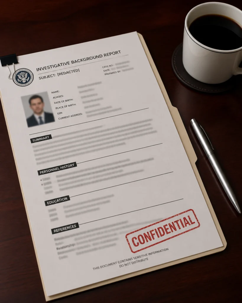 A close-up shot of a professional investigative dossier with a confidential stamp on a desk.