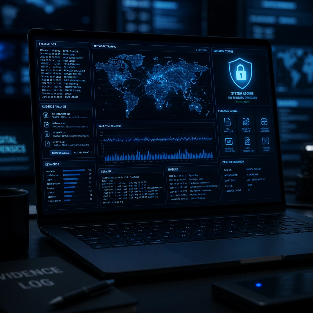 An abstract representation of digital forensics and cyber investigation on a laptop screen.