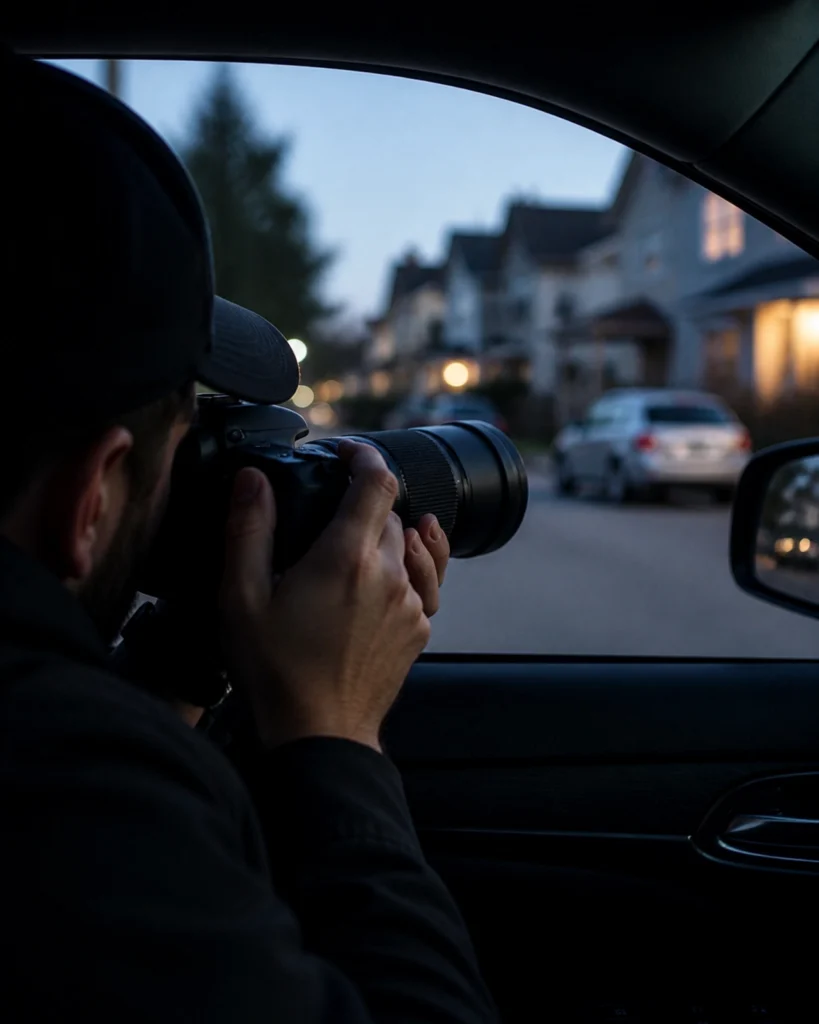 A professional private investigator conducting discreet surveillance from inside a modern vehicle.