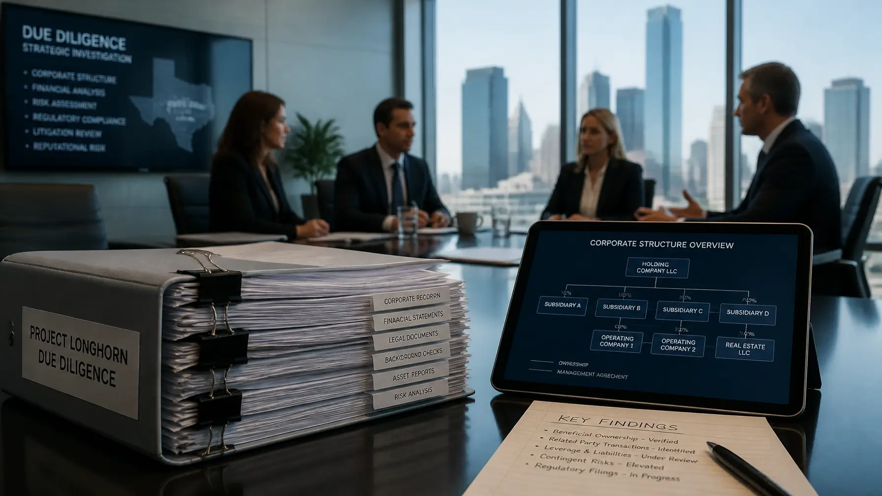 A corporate boardroom in North Texas where professionals are blurred in the background, focusing on a stack of financial documents and a tablet showing a corporate hierarchy chart.