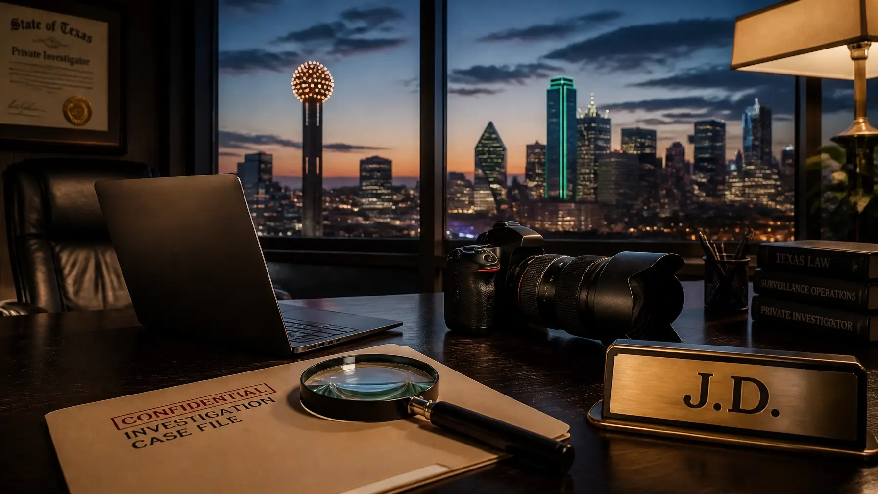 A professional investigator's desk in a modern Dallas office, featuring a magnifying glass, legal documents, and a DSLR camera with the Dallas skyline visible through the window at dusk.