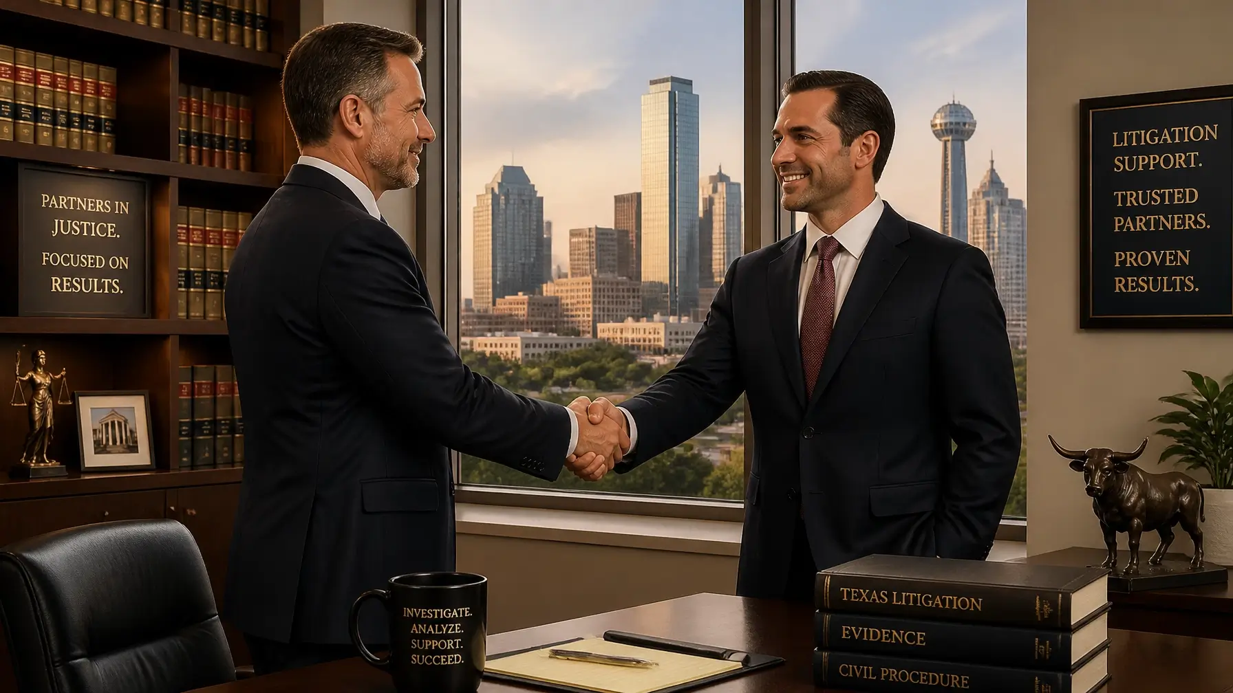An investigator in a suit shaking hands with an attorney in a professional office, with the Fort Worth skyline visible in the background.