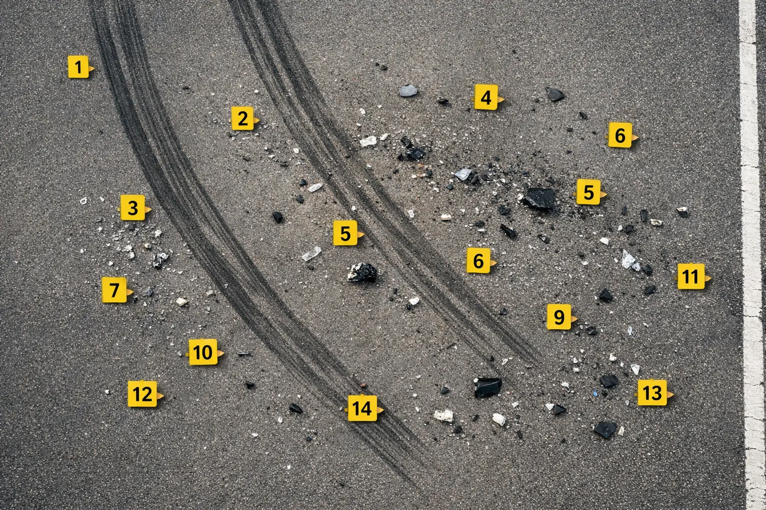 Overhead shot of skid marks/debris field with measurements.