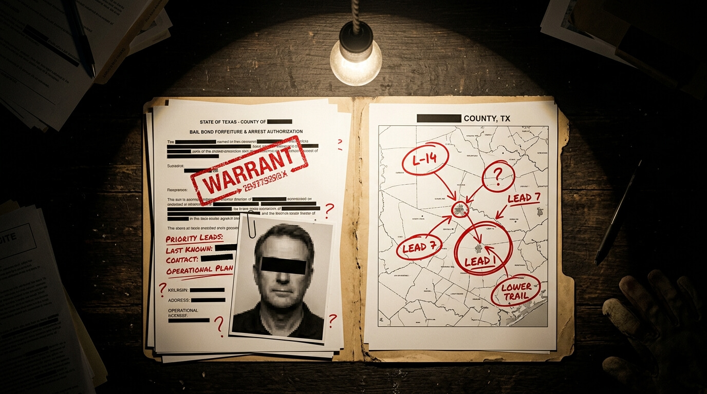 Bail bond forfeiture case file and warrant documentation reviewed under dramatic low light — Armstrong Investigations Texas PI services