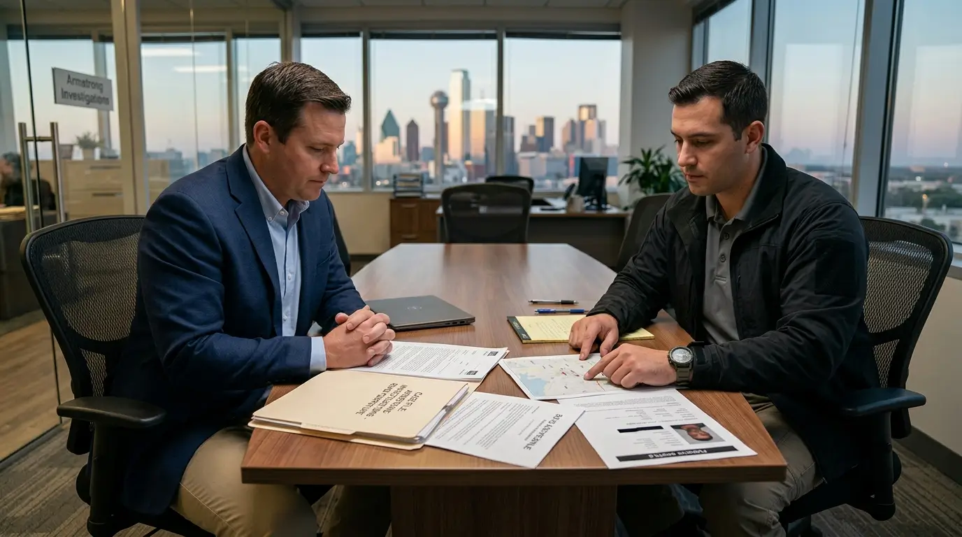 Bail bondsman and fugitive recovery investigator reviewing active bond forfeiture case file in Dallas, Texas office — Armstrong Investigations