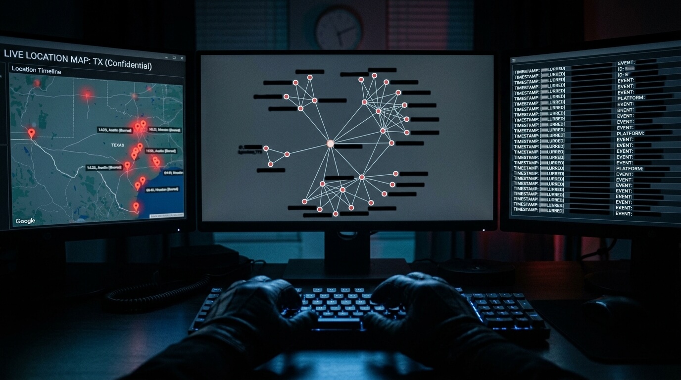 Dark OSINT intelligence dashboard tracking fugitive digital footprint for Texas bail bond case — Armstrong Investigations