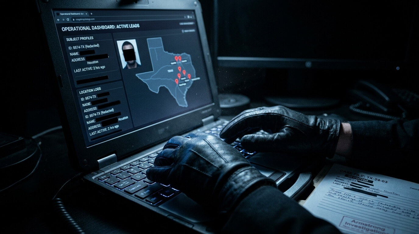 Private investigator reviewing fugitive locate intelligence and Texas location data in a dark investigation office — Armstrong Investigations