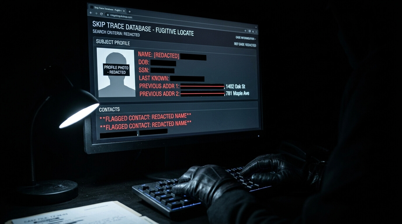 Skip trace investigation data and Texas fugitive location intelligence displayed on dark monitor — bail bondsman support services