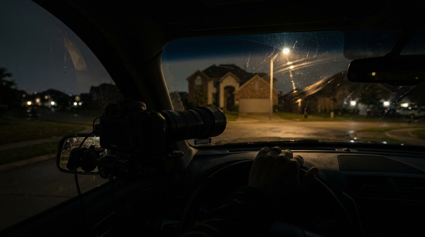 Covert night surveillance operation from inside unmarked vehicle during fugitive confirmation in Texas — Armstrong Investigations